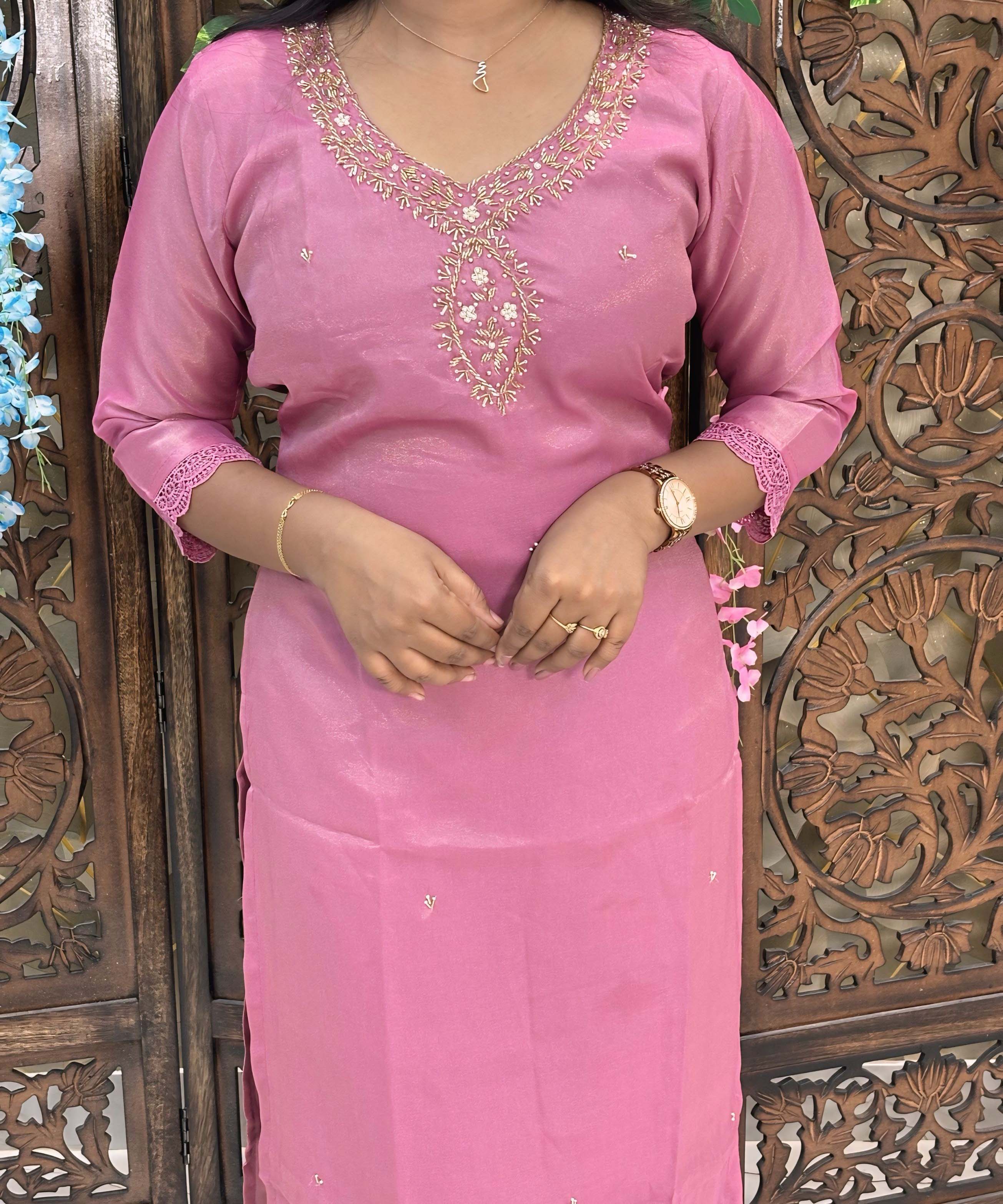 Lite Pink Color Designer Premium 3 Piece Salwar Set with Organza Dupatta / ESS350