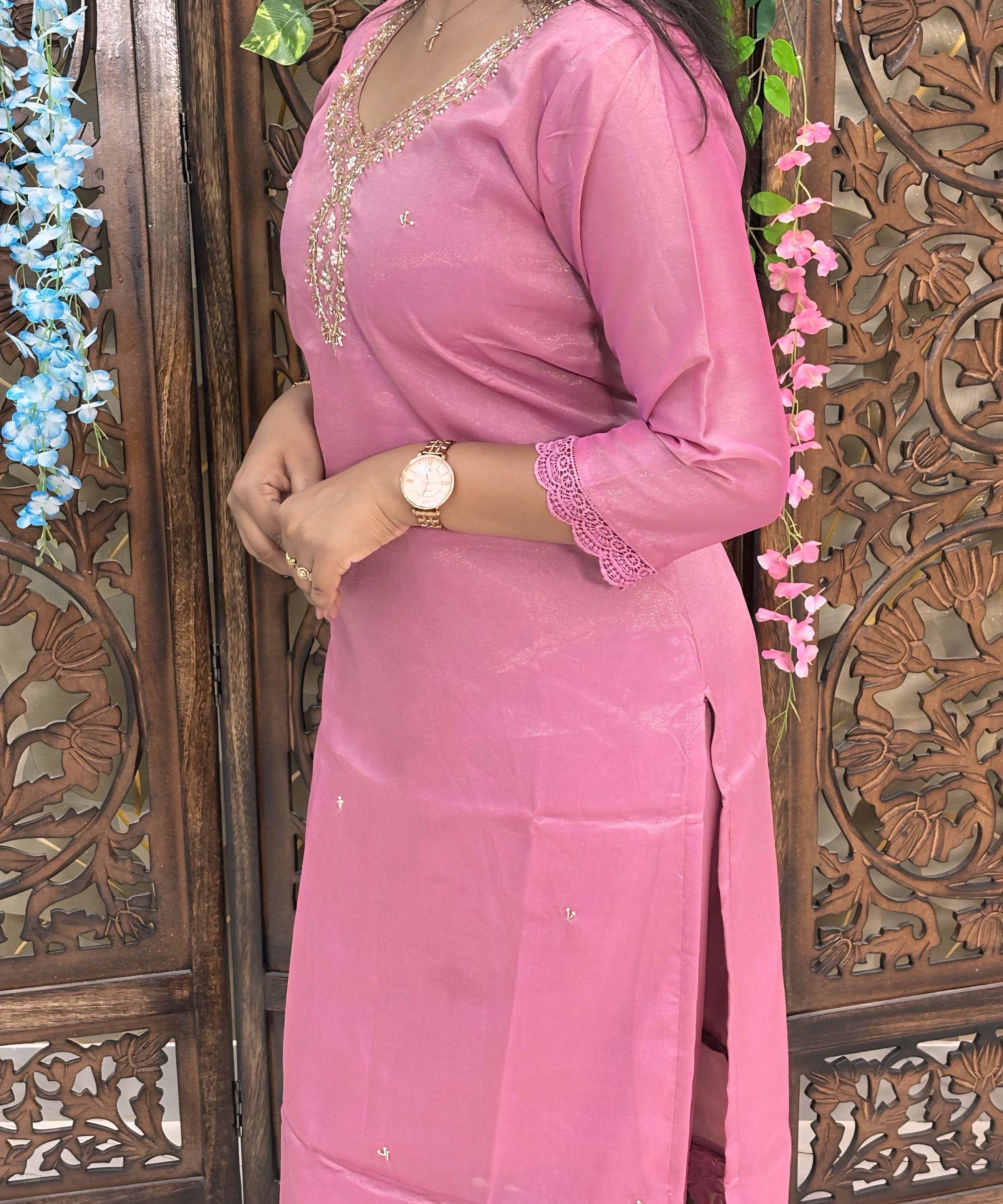 Lite Pink Color Designer Premium 3 Piece Salwar Set with Organza Dupatta / ESS350