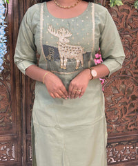 Lite Green Color Deer Design 3 Piece Salwar Set with Pocket / ESS355