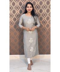 Grey Long Straight Cut Mixed Cotton Kurtis / ESS201