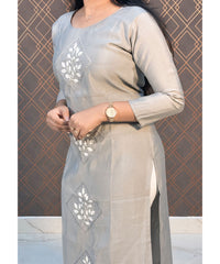 Grey Long Straight Cut Mixed Cotton Kurtis / ESS201