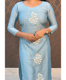 Blue Long Straight Cut Mixed Cotton Kurtis / ESS201