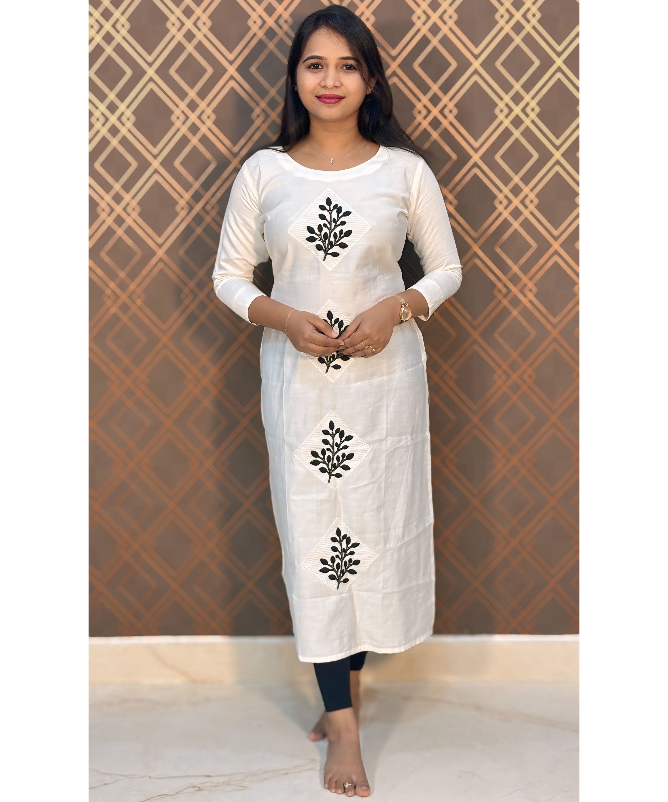 White Long Straight Cut Mixed Cotton Kurtis / ESS201