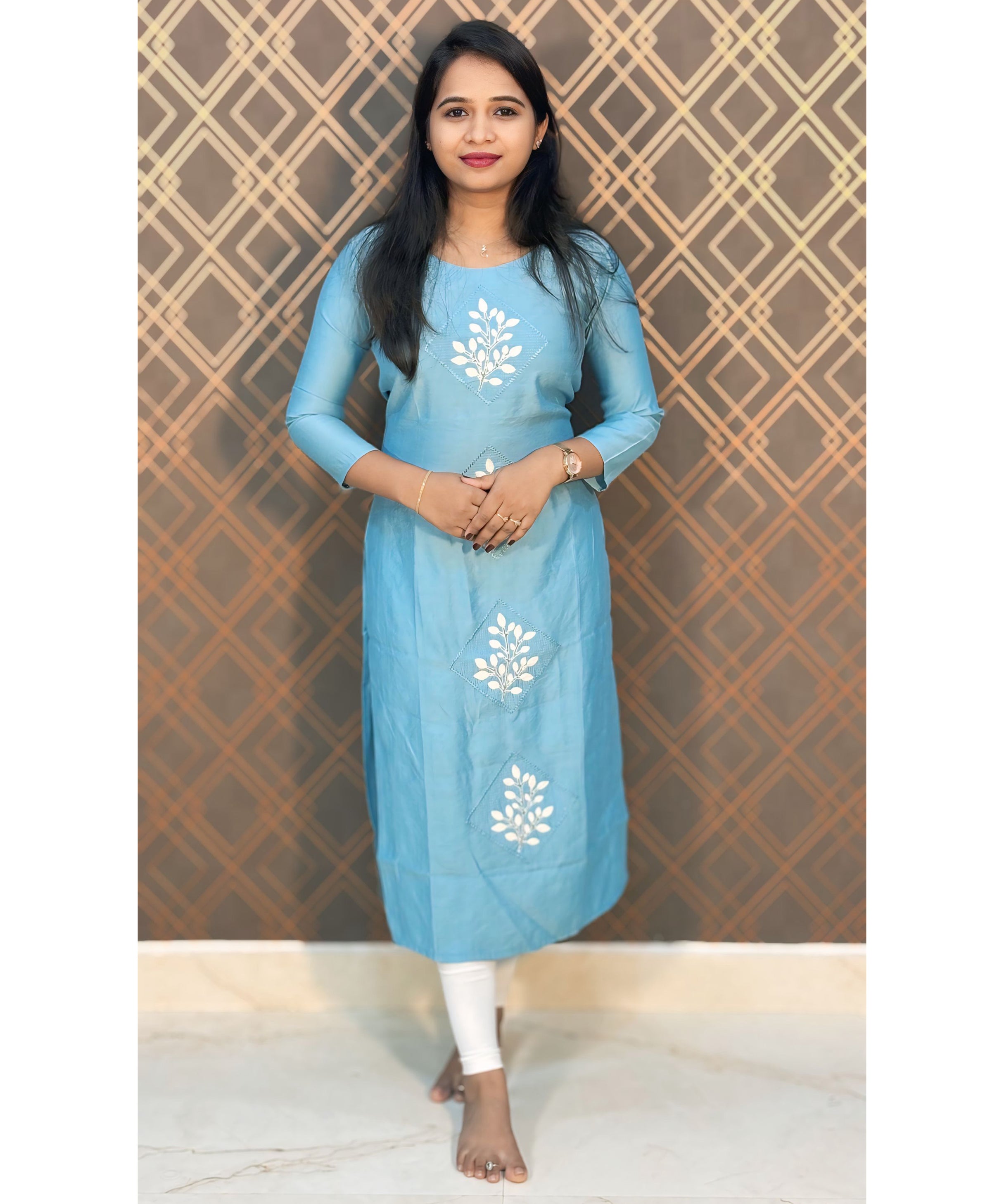 Blue Long Straight Cut Mixed Cotton Kurtis / ESS201