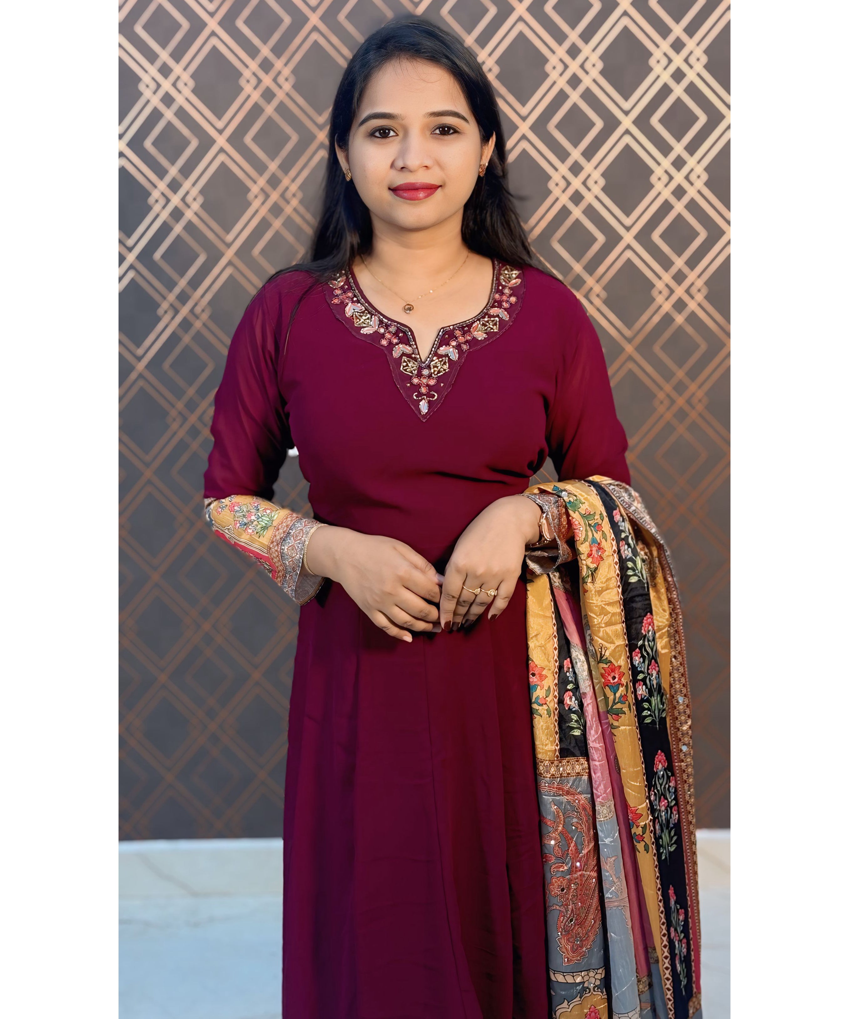 Maroon Georgette Anarkali Chinnon Dupatta / ESS217