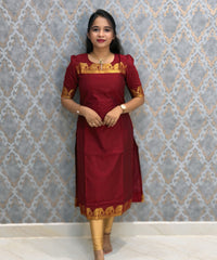 Maroon Premium Handloom Kota Jacquard Border Silk Cotton Kurti and Chennuri Silk with Nizam Border Kalamkari Print Dupatta / HL036