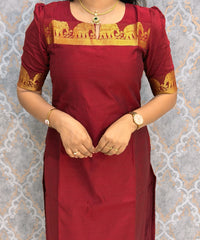 Maroon Premium Handloom Kota Jacquard Border Silk Cotton Kurti and Chennuri Silk with Nizam Border Kalamkari Print Dupatta / HL036