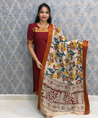 Maroon Premium Handloom Kota Jacquard Border Silk Cotton Kurti and Chennuri Silk with Nizam Border Kalamkari Print Dupatta / HL036