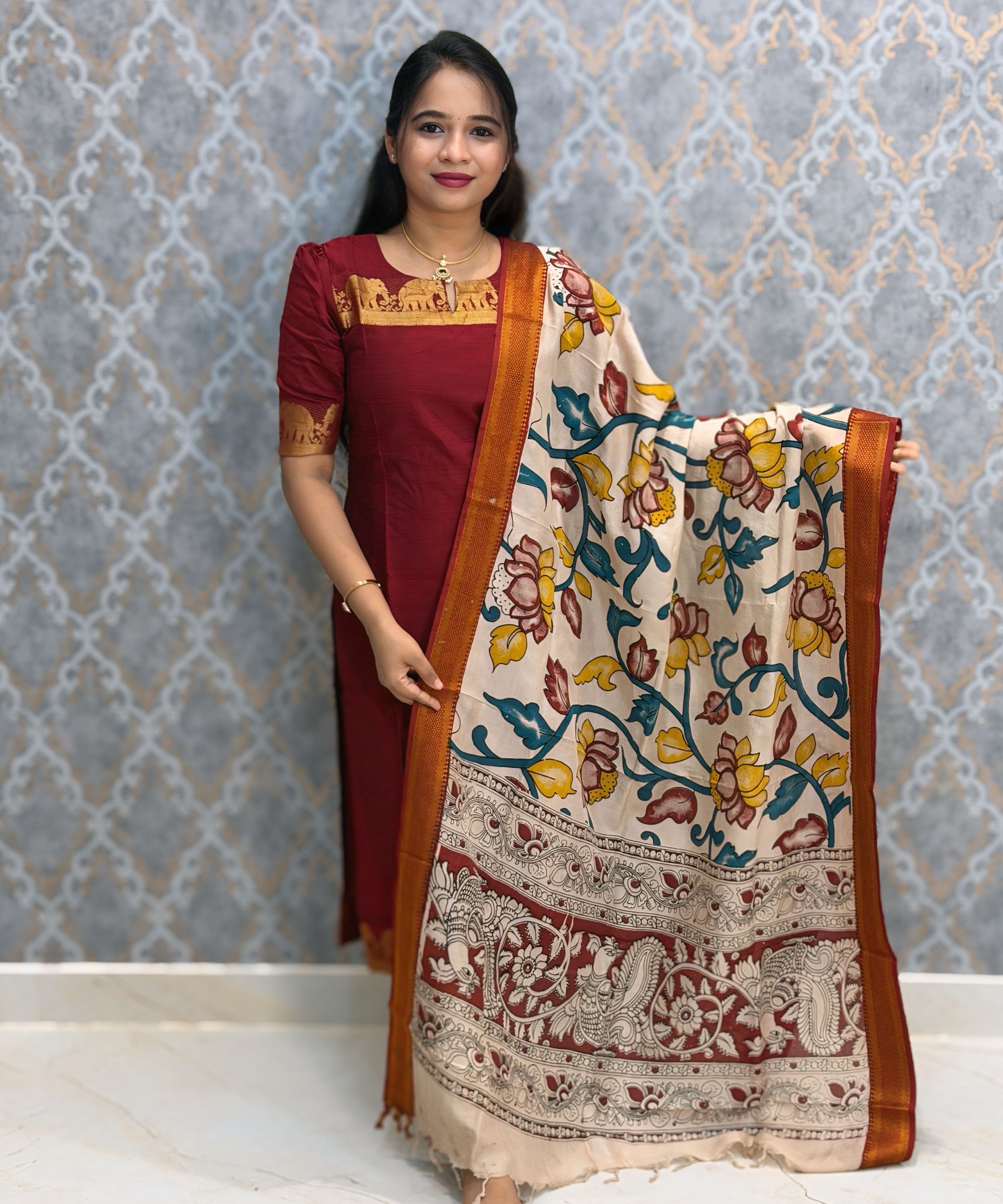 Maroon Premium Handloom Kota Jacquard Border Silk Cotton Kurti and Chennuri Silk with Nizam Border Kalamkari Print Dupatta / HL036