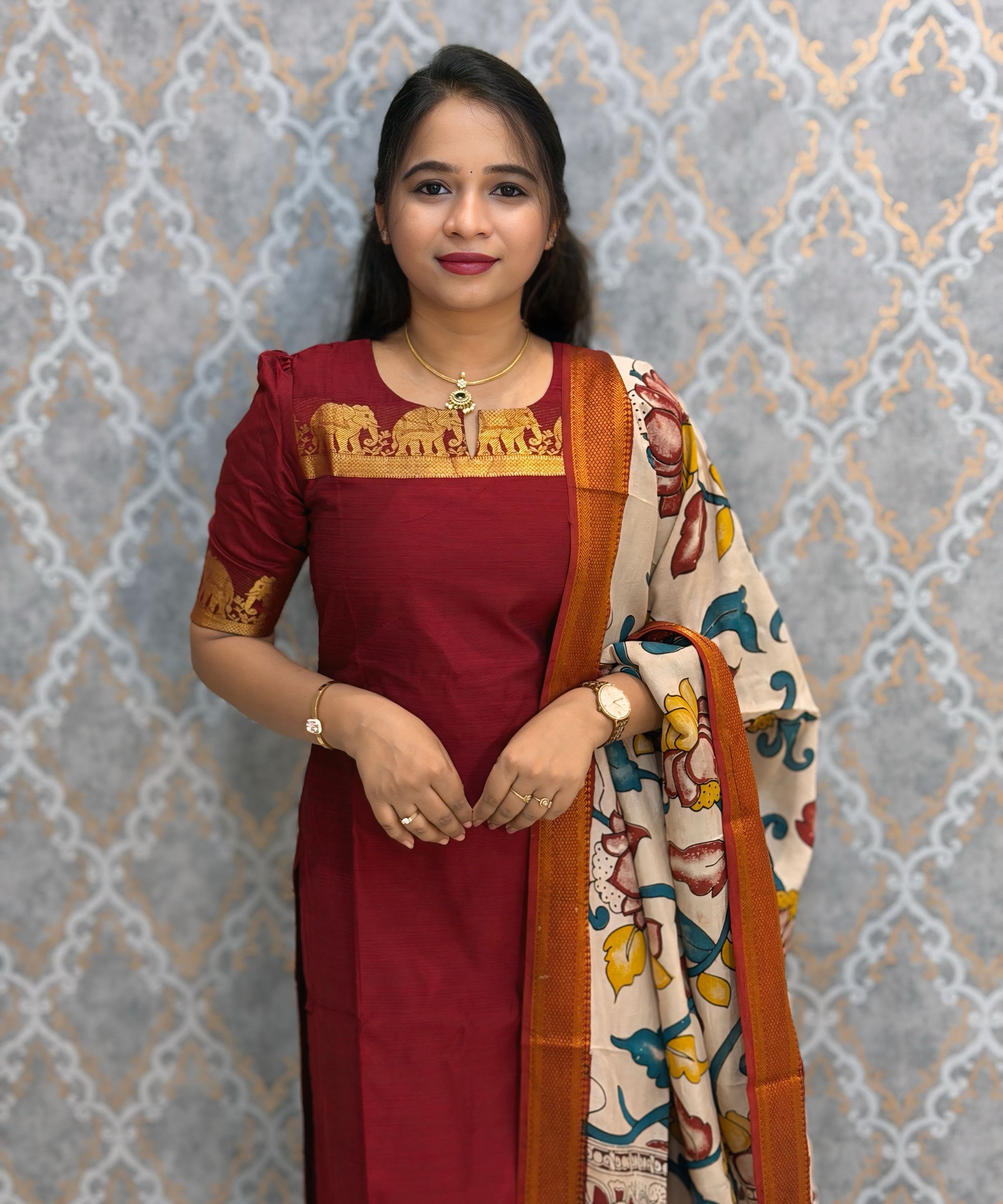 Maroon Premium Handloom Kota Jacquard Border Silk Cotton Kurti and Chennuri Silk with Nizam Border Kalamkari Print Dupatta / HL036