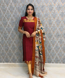 Maroon Premium Handloom Kota Jacquard Border Silk Cotton Kurti and Chennuri Silk with Nizam Border Kalamkari Print Dupatta / HL036
