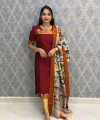 Maroon Premium Handloom Kota Jacquard Border Silk Cotton Kurti and Chennuri Silk with Nizam Border Kalamkari Print Dupatta / HL036