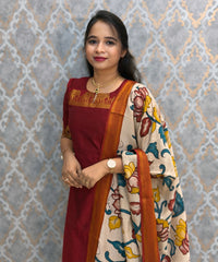 Maroon Premium Handloom Kota Jacquard Border Silk Cotton Kurti and Chennuri Silk with Nizam Border Kalamkari Print Dupatta / HL036