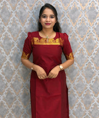 Maroon Premium Handloom Kota Jacquard Border Silk Cotton Kurti and Chennuri Silk with Nizam Border Kalamkari Print Dupatta / HL036