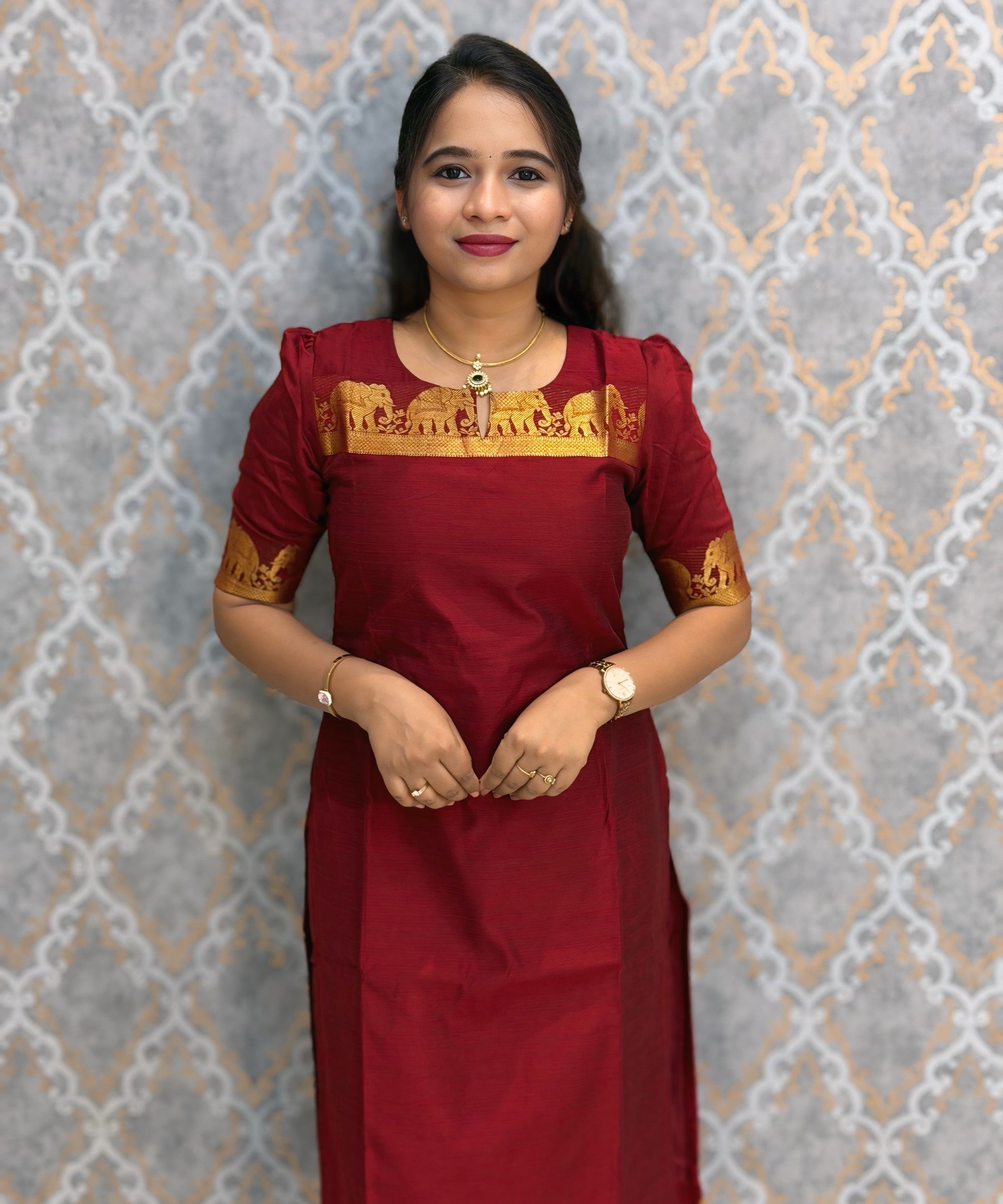Maroon Premium Handloom Kota Jacquard Border Silk Cotton Kurti and Chennuri Silk with Nizam Border Kalamkari Print Dupatta / HL036