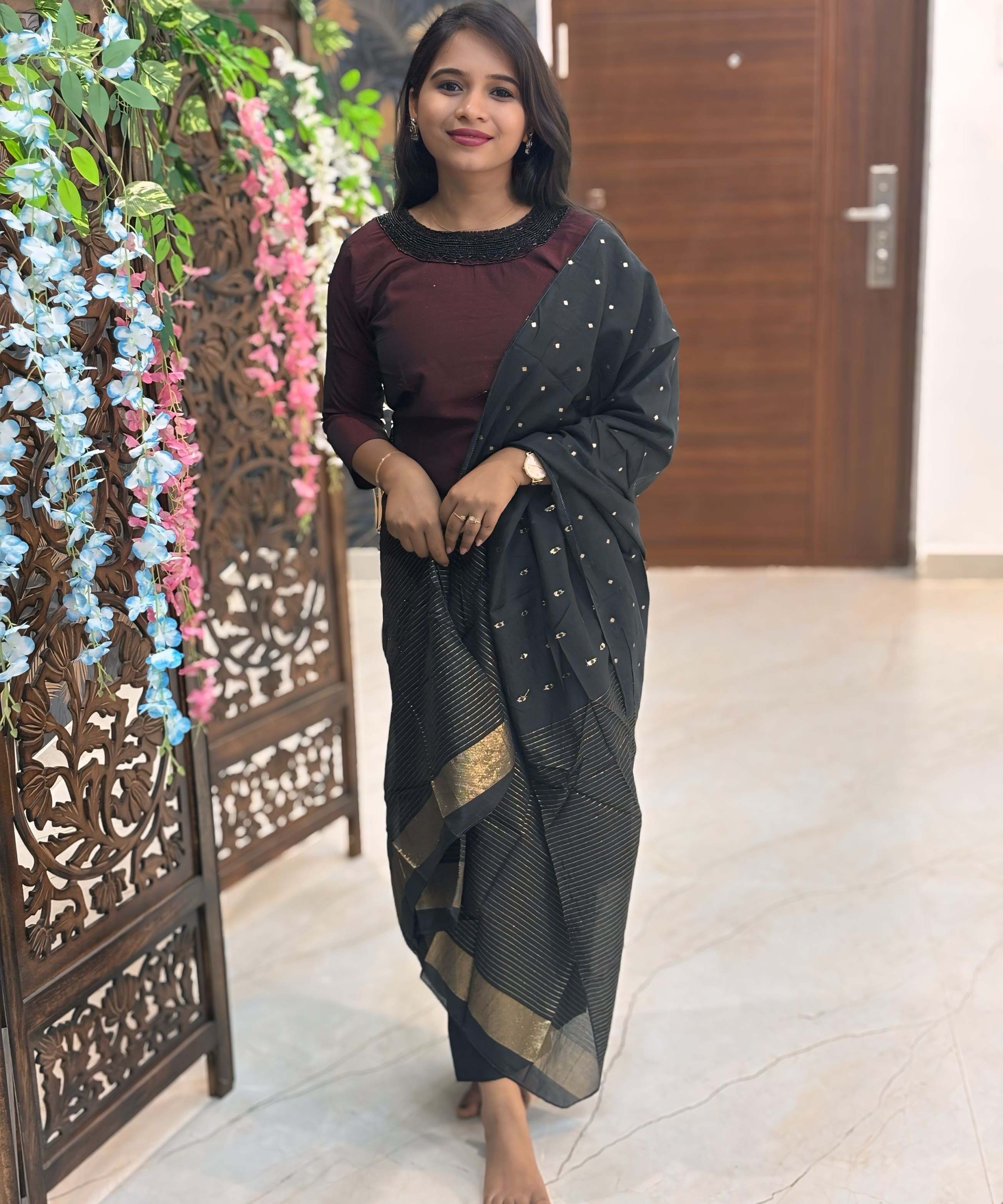 Maroon and Black Color Premium 3 Piece Salwar Set / ESS331