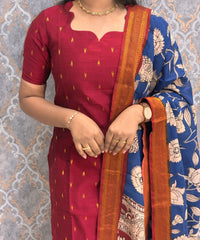 Maroon and Blue Premium Handloom Raw Silk Kurti and Chenuri Silk with Nizam Border Kalamkari Print Dupatta / HL001