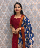 Maroon and Blue Premium Handloom Raw Silk Kurti and Chenuri Silk with Nizam Border Kalamkari Print Dupatta / HL001
