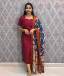 Maroon and Blue Premium Handloom Raw Silk Kurti and Chenuri Silk with Nizam Border Kalamkari Print Dupatta / HL001