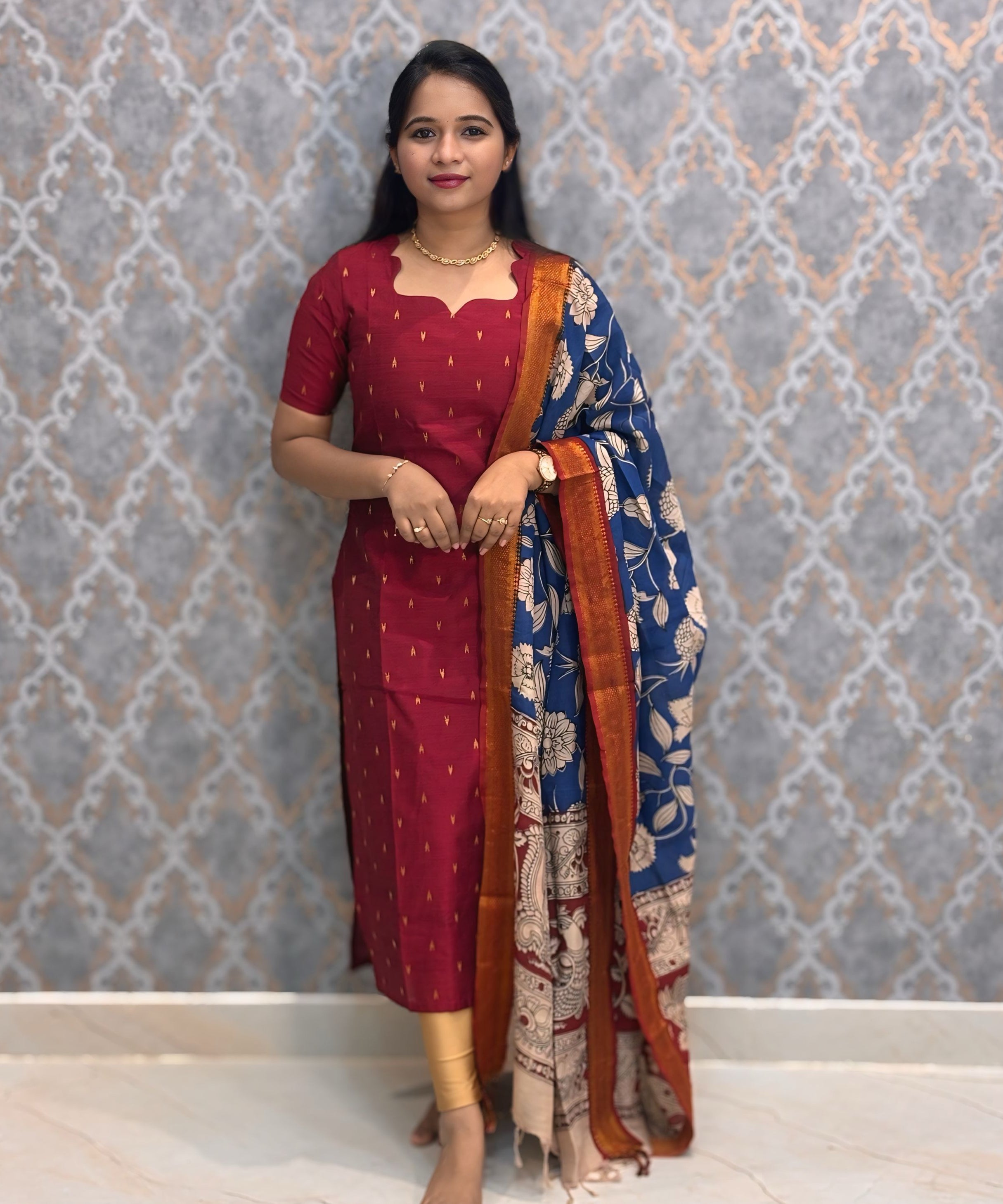 Maroon and Blue Premium Handloom Raw Silk Kurti and Chenuri Silk with Nizam Border Kalamkari Print Dupatta / HL001