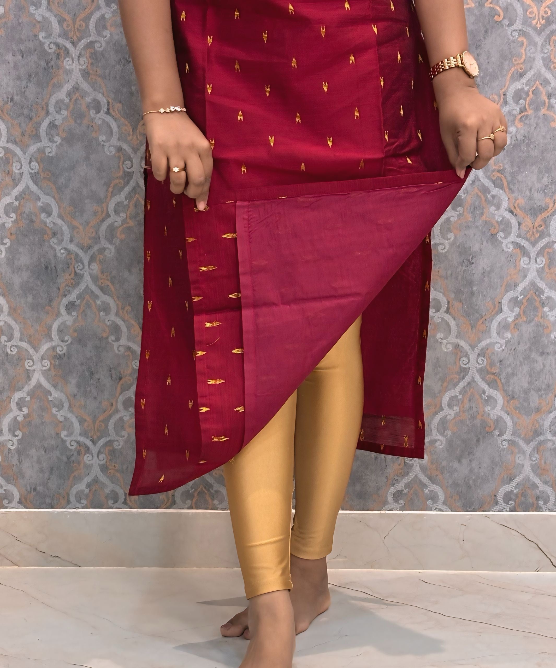 Maroon and Blue Premium Handloom Raw Silk Kurti and Chenuri Silk with Nizam Border Kalamkari Print Dupatta / HL001