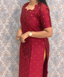 Maroon and Blue Premium Handloom Raw Silk Kurti and Chenuri Silk with Nizam Border Kalamkari Print Dupatta / HL001