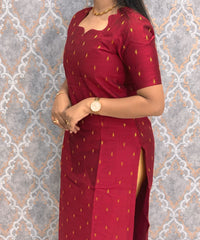 Maroon and Blue Premium Handloom Raw Silk Kurti and Chenuri Silk with Nizam Border Kalamkari Print Dupatta / HL001