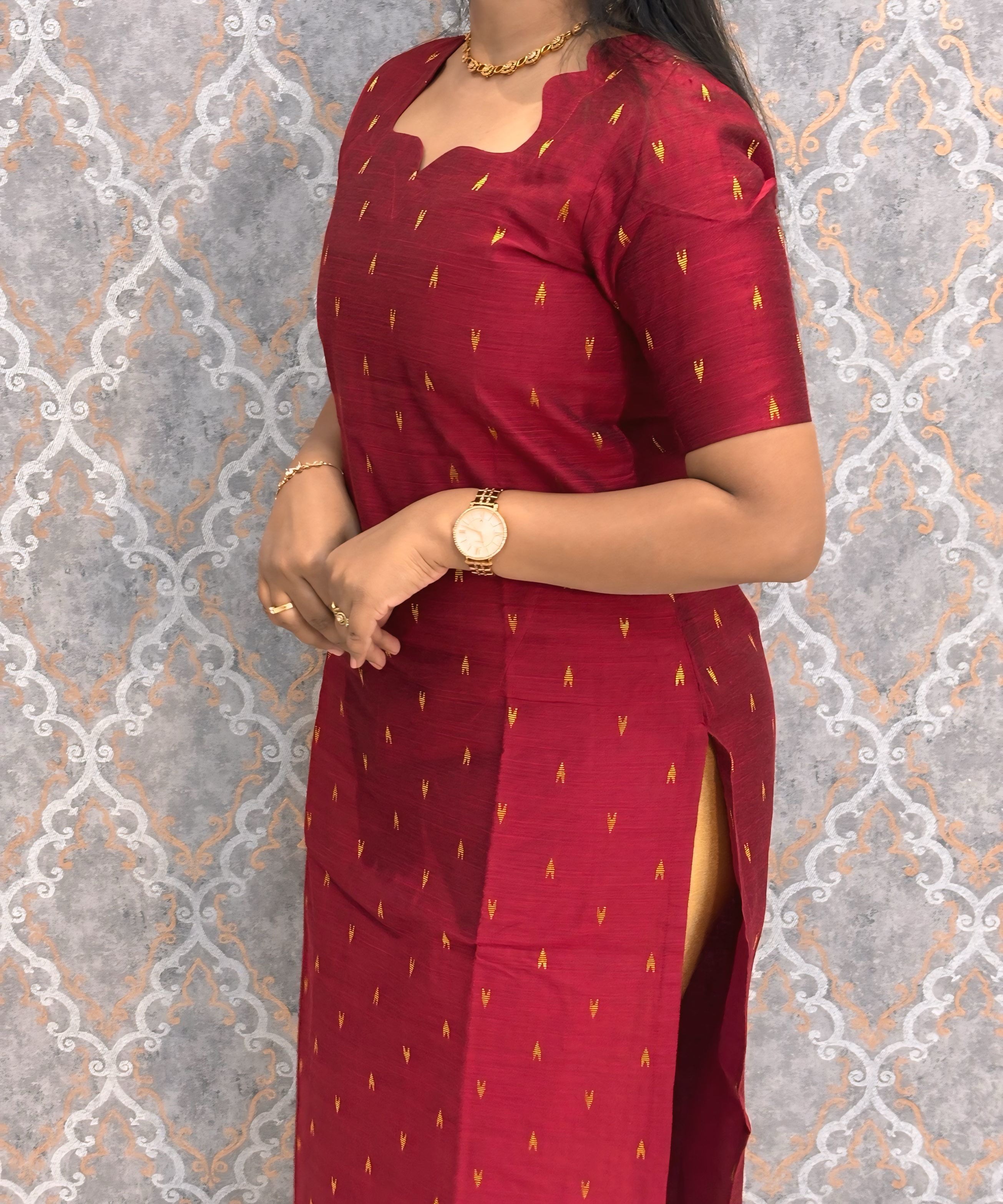 Maroon and Blue Premium Handloom Raw Silk Kurti and Chenuri Silk with Nizam Border Kalamkari Print Dupatta / HL001