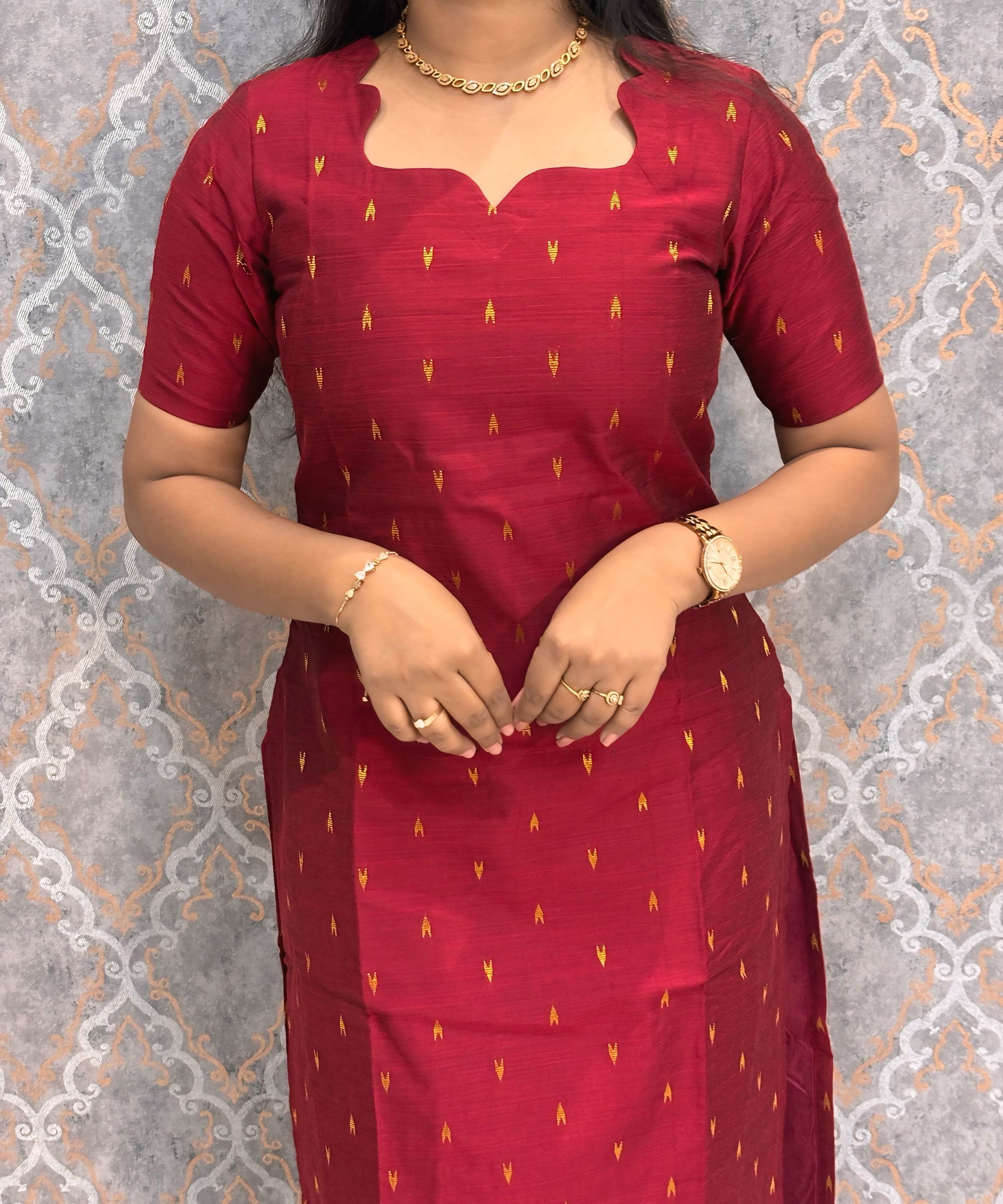 Maroon and Blue Premium Handloom Raw Silk Kurti and Chenuri Silk with Nizam Border Kalamkari Print Dupatta / HL001