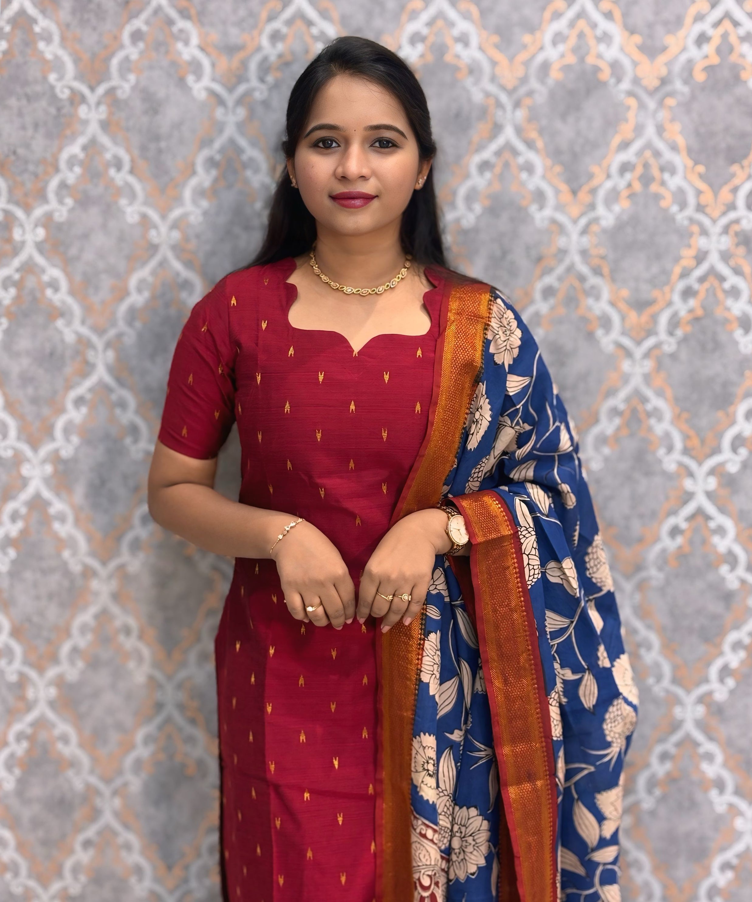 Maroon and Blue Premium Handloom Raw Silk Kurti and Chenuri Silk with Nizam Border Kalamkari Print Dupatta / HL001