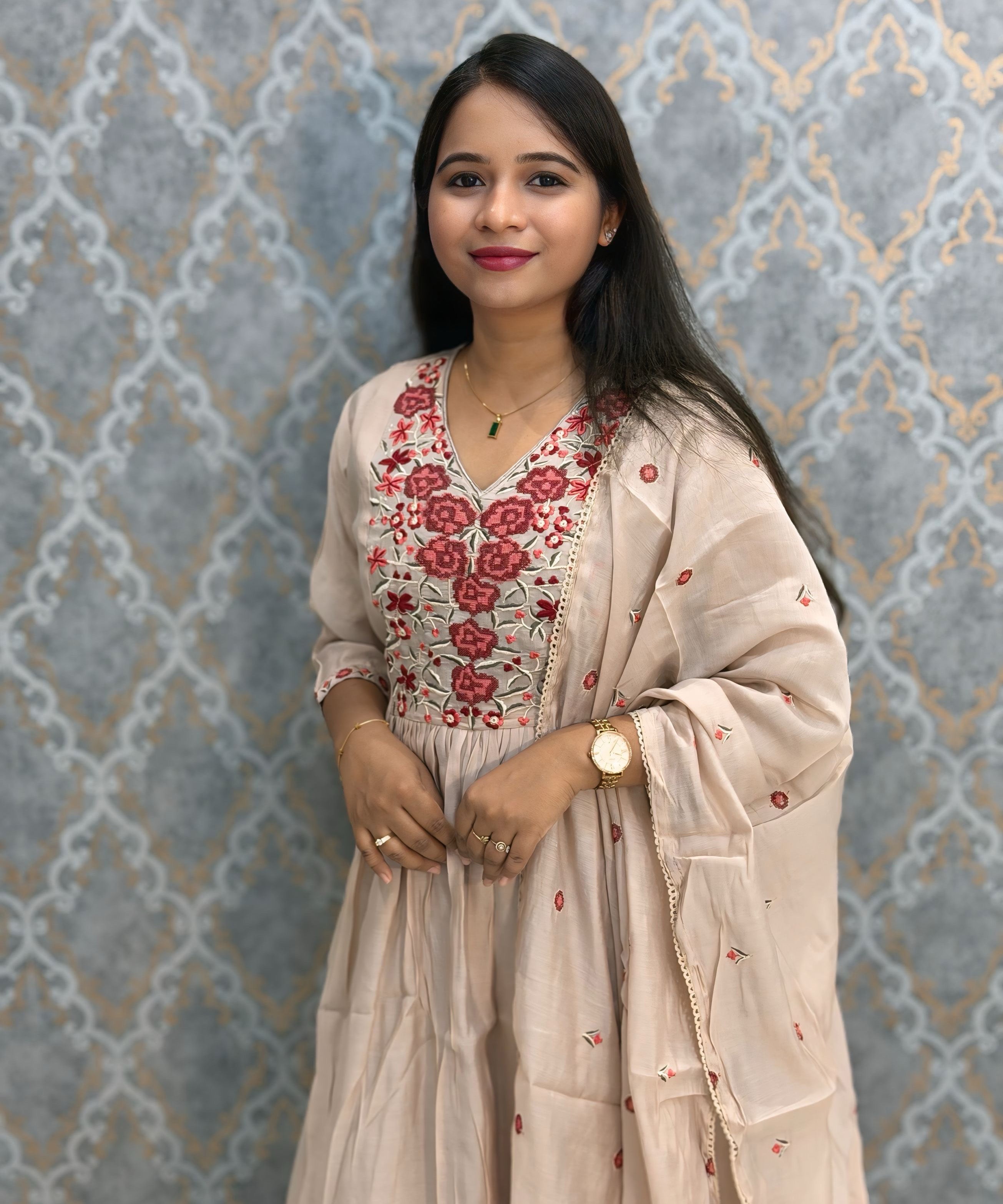 Beige and Maroon Color Premium Mul Chanderi Silk Embroidery 3 Piece Salwar Set with Lining /  ESS396