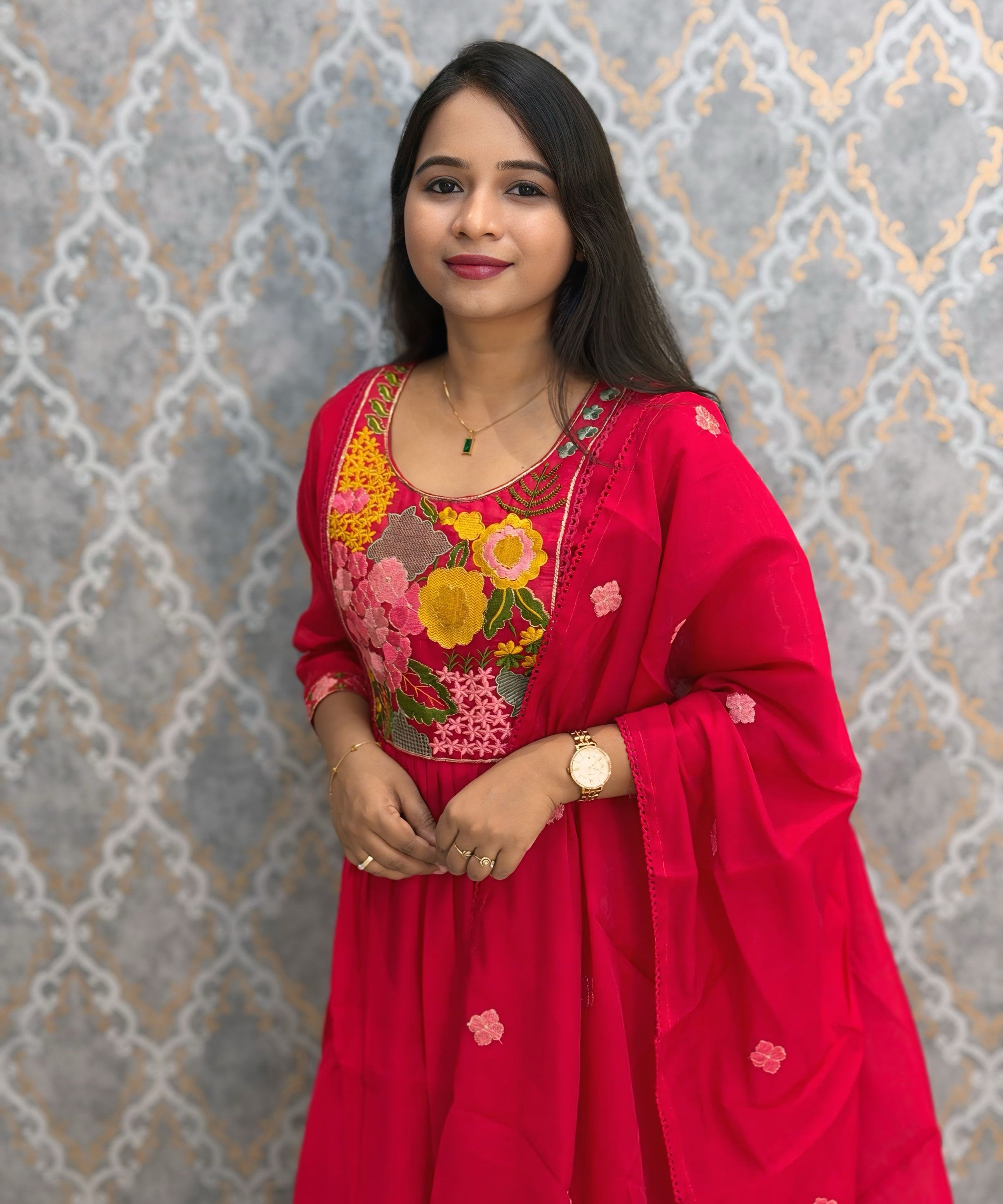 Cherry Pink Color Premium Mul Chanderi Silk Embroidery 3 Piece Salwar Set with Lining /  ESS396