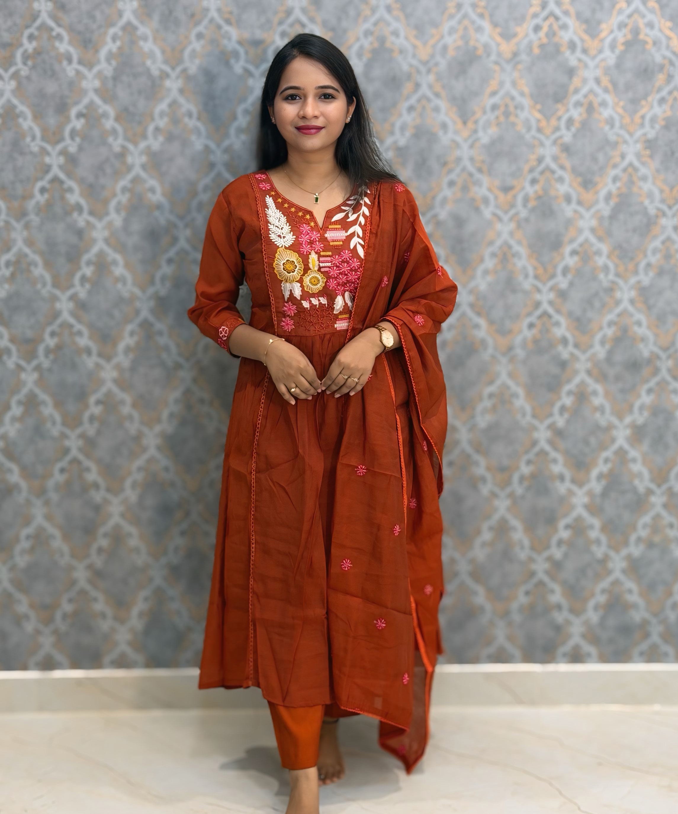 Rust Orange Color Premium Mul Chanderi Silk Embroidery 3 Piece Salwar Set with Lining /  ESS396
