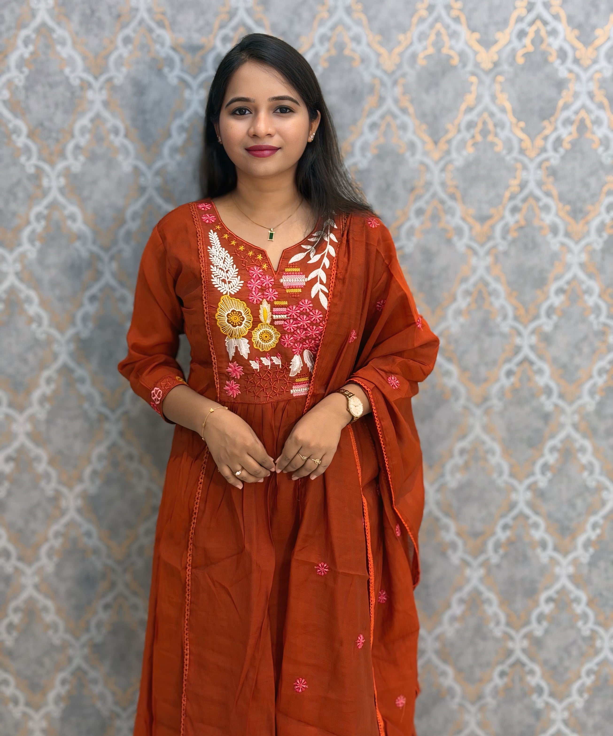 Rust Orange Color Premium Mul Chanderi Silk Embroidery 3 Piece Salwar Set with Lining /  ESS396