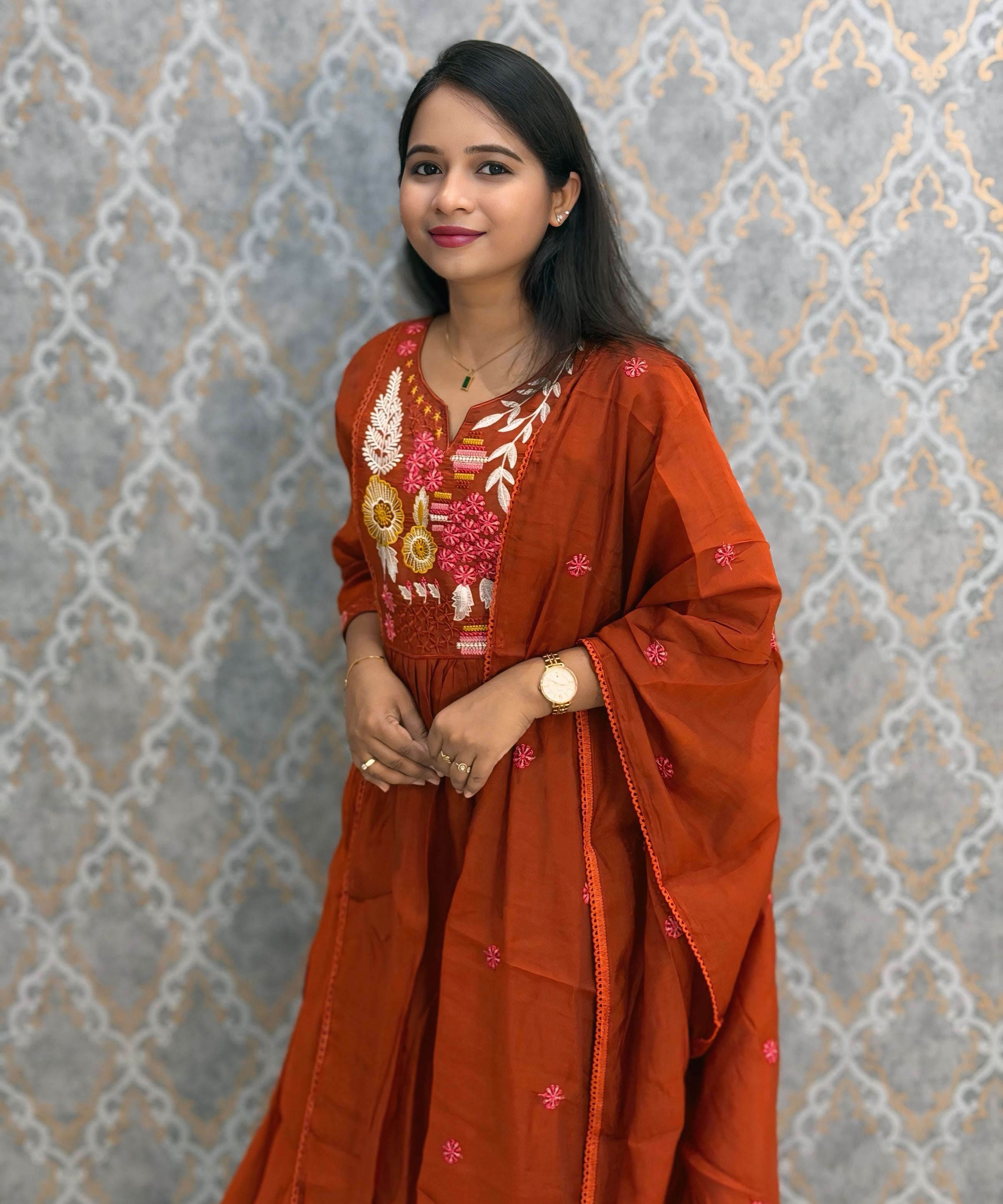 Rust Orange Color Premium Mul Chanderi Silk Embroidery 3 Piece Salwar Set with Lining /  ESS396