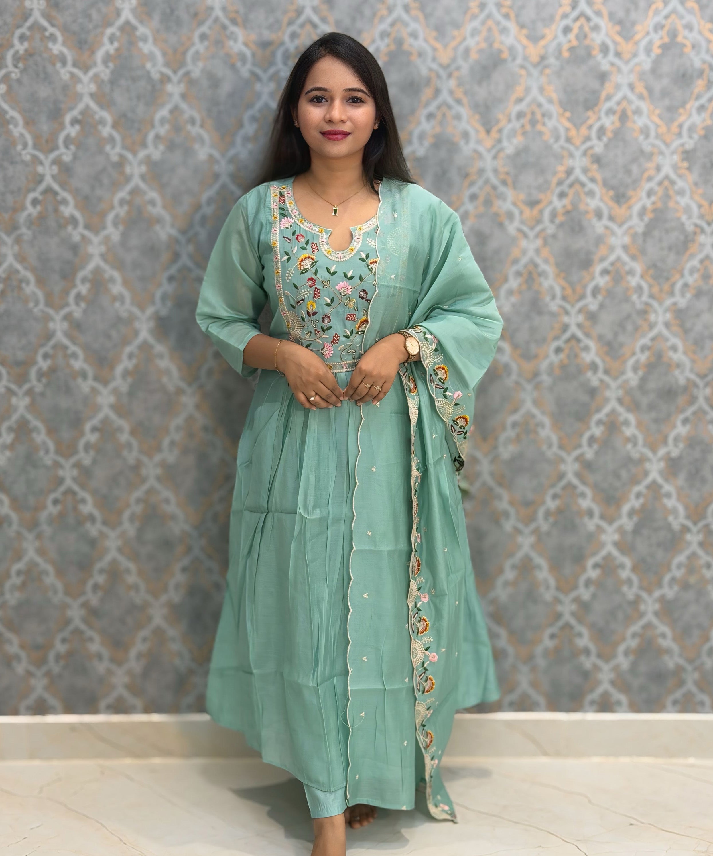 Pastel Green Color Premium Mul Chanderi Silk Embroidery 3 Piece Salwar Set with Lining /  ESS396