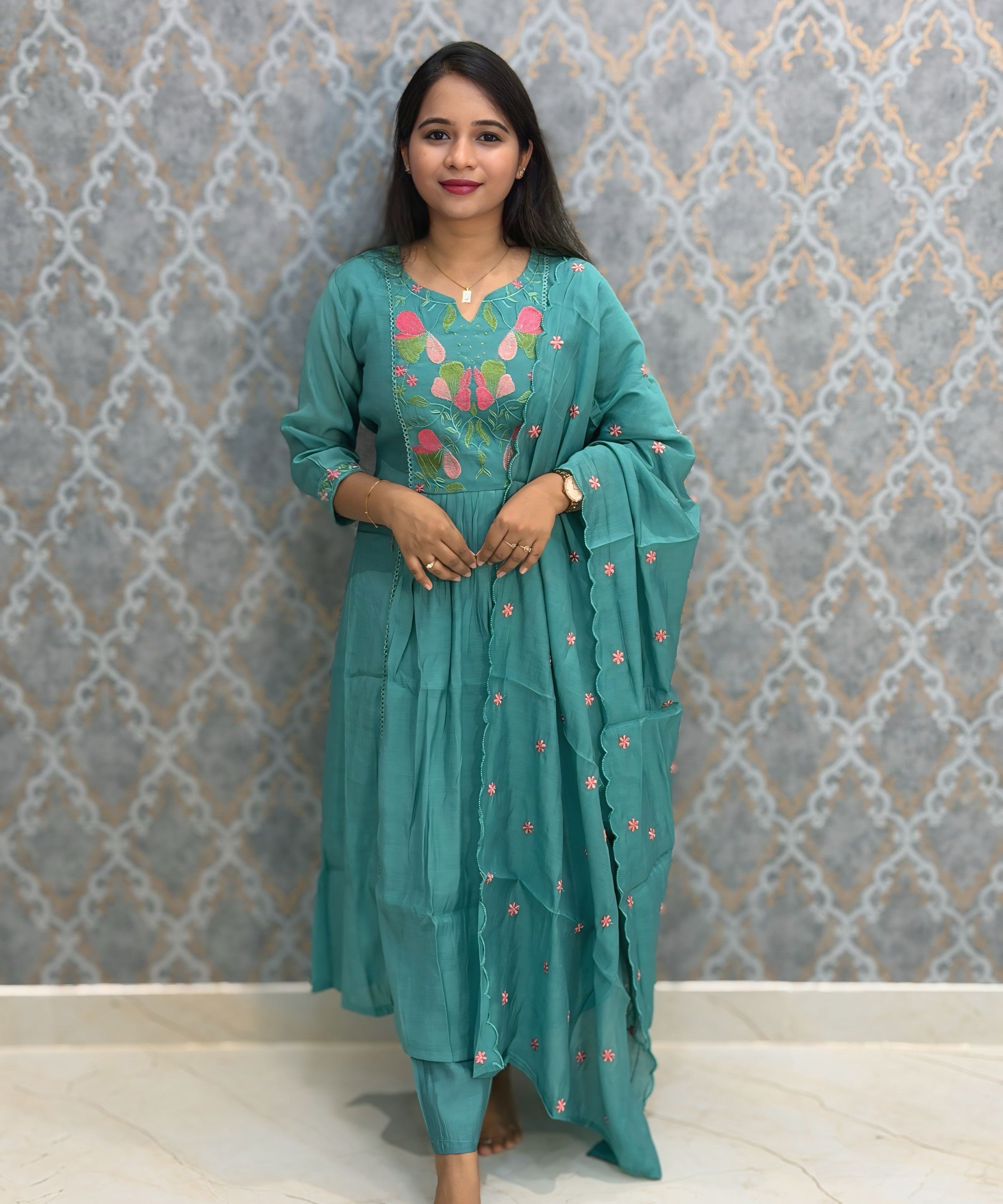 Teal Green Color Premium Mul Chanderi Silk Embroidery 3 Piece Salwar Set with Lining /  ESS396