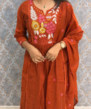 Rust Orange Color Premium Mul Chanderi Silk Embroidery 3 Piece Salwar Set with Lining /  ESS396