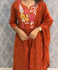 Rust Orange Color Premium Mul Chanderi Silk Embroidery 3 Piece Salwar Set with Lining /  ESS396