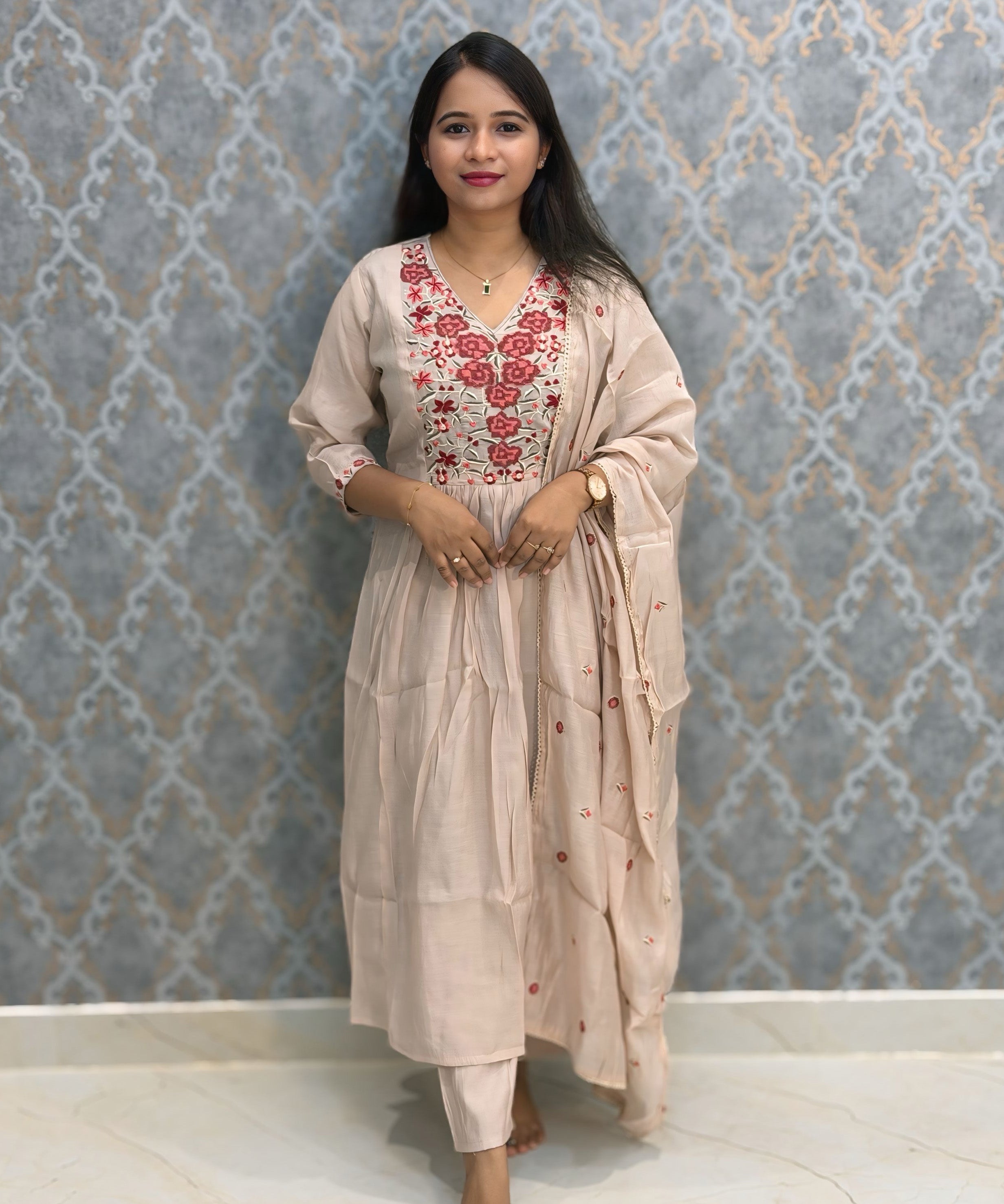 Beige and Maroon Color Premium Mul Chanderi Silk Embroidery 3 Piece Salwar Set with Lining /  ESS396