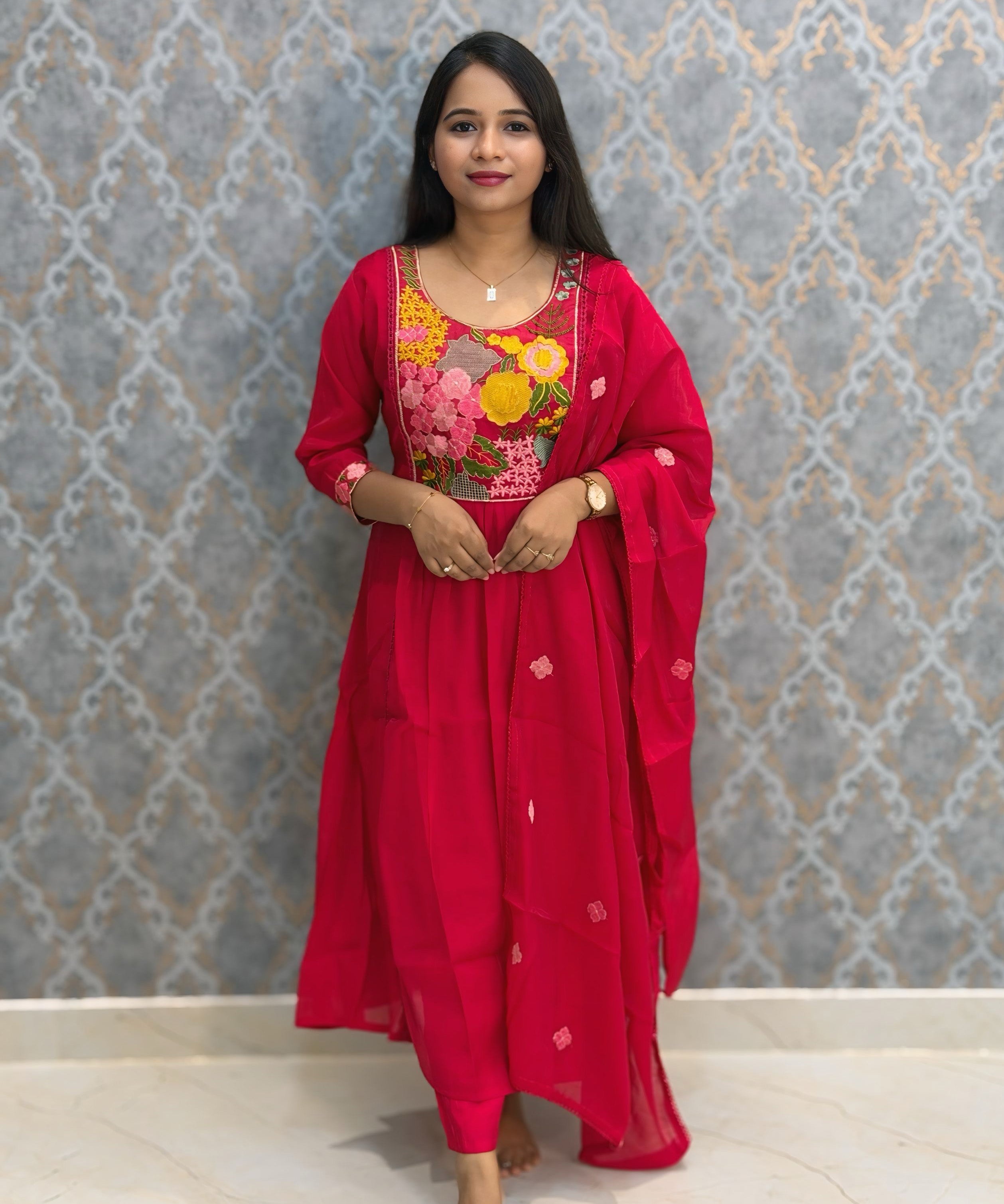 Cherry Pink Color Premium Mul Chanderi Silk Embroidery 3 Piece Salwar Set with Lining /  ESS396