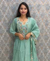 Pastel Green Color Premium Mul Chanderi Silk Embroidery 3 Piece Salwar Set with Lining /  ESS396