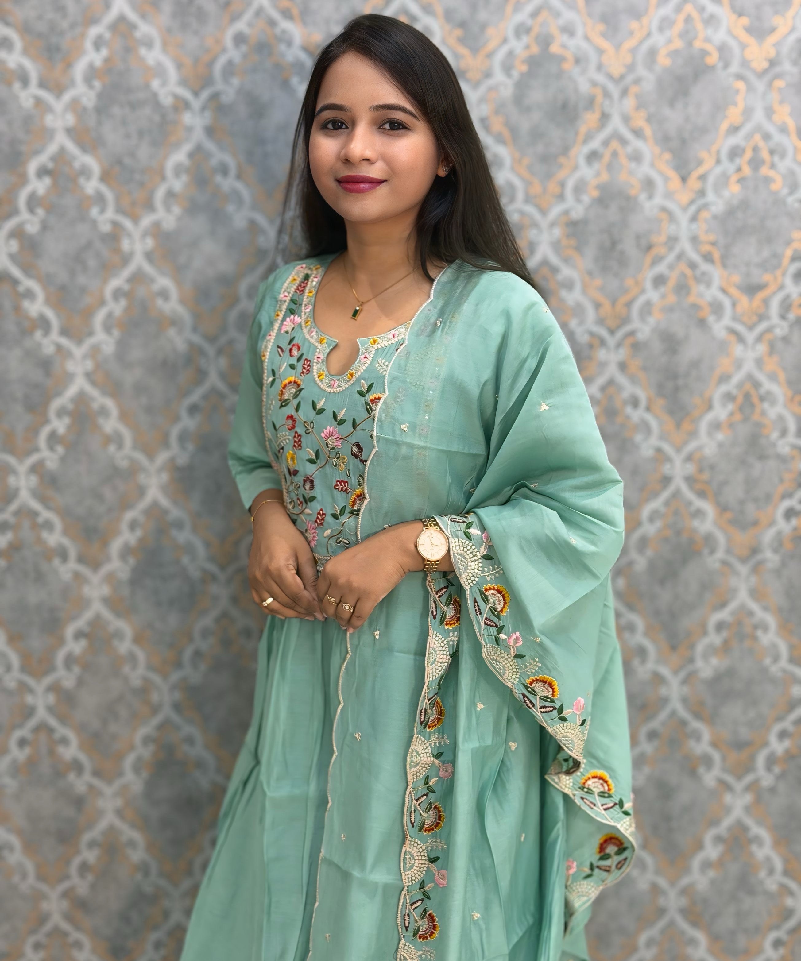 Pastel Green Color Premium Mul Chanderi Silk Embroidery 3 Piece Salwar Set with Lining /  ESS396