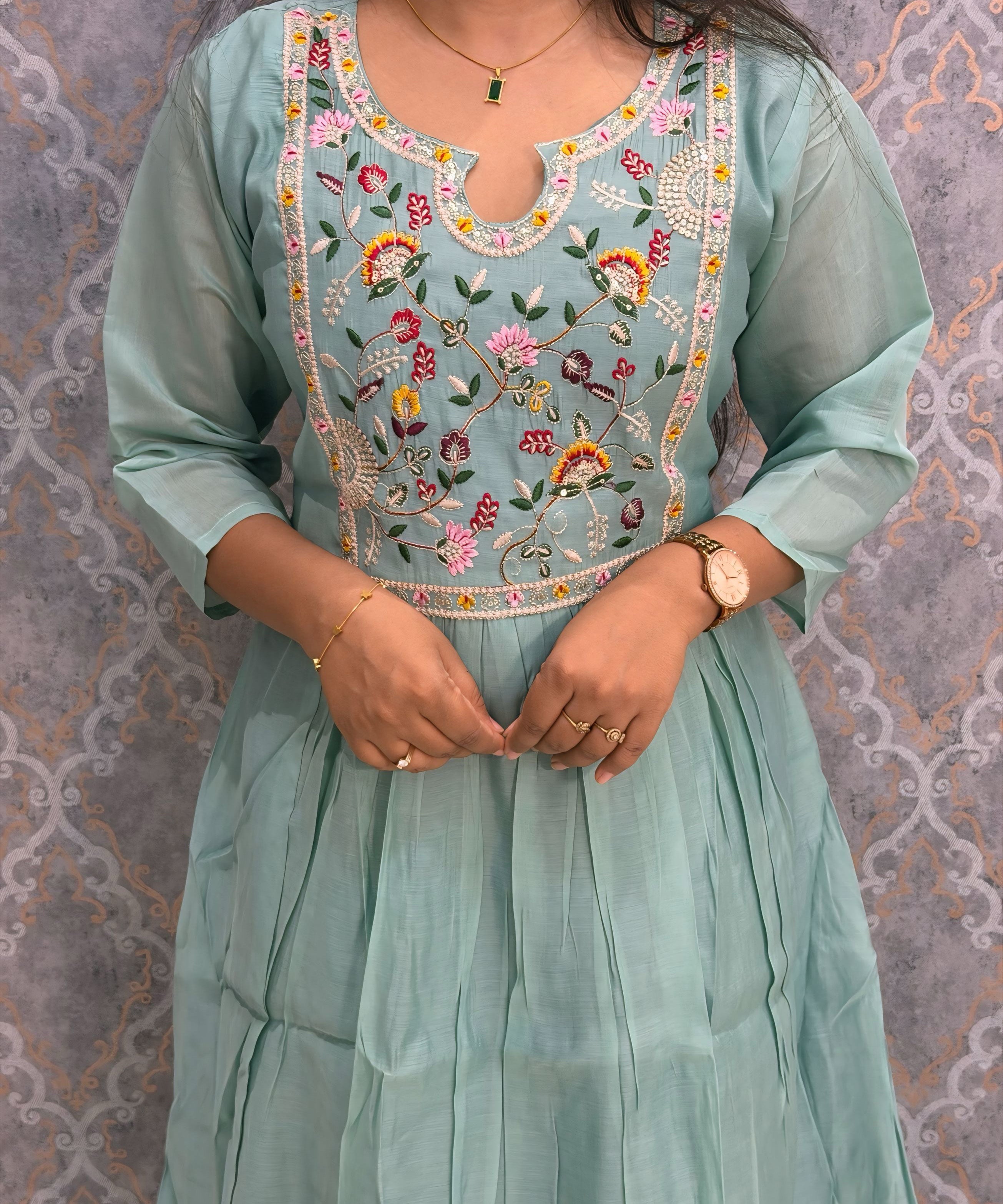 Pastel Green Color Premium Mul Chanderi Silk Embroidery 3 Piece Salwar Set with Lining /  ESS396