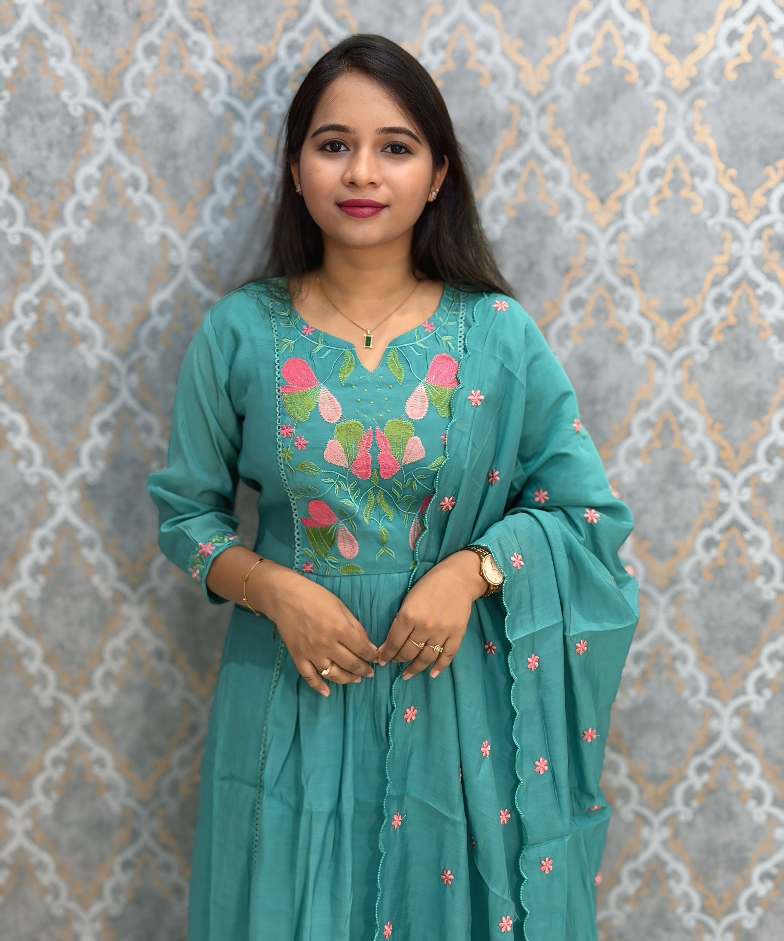 Teal Green Color Premium Mul Chanderi Silk Embroidery 3 Piece Salwar Set with Lining /  ESS396