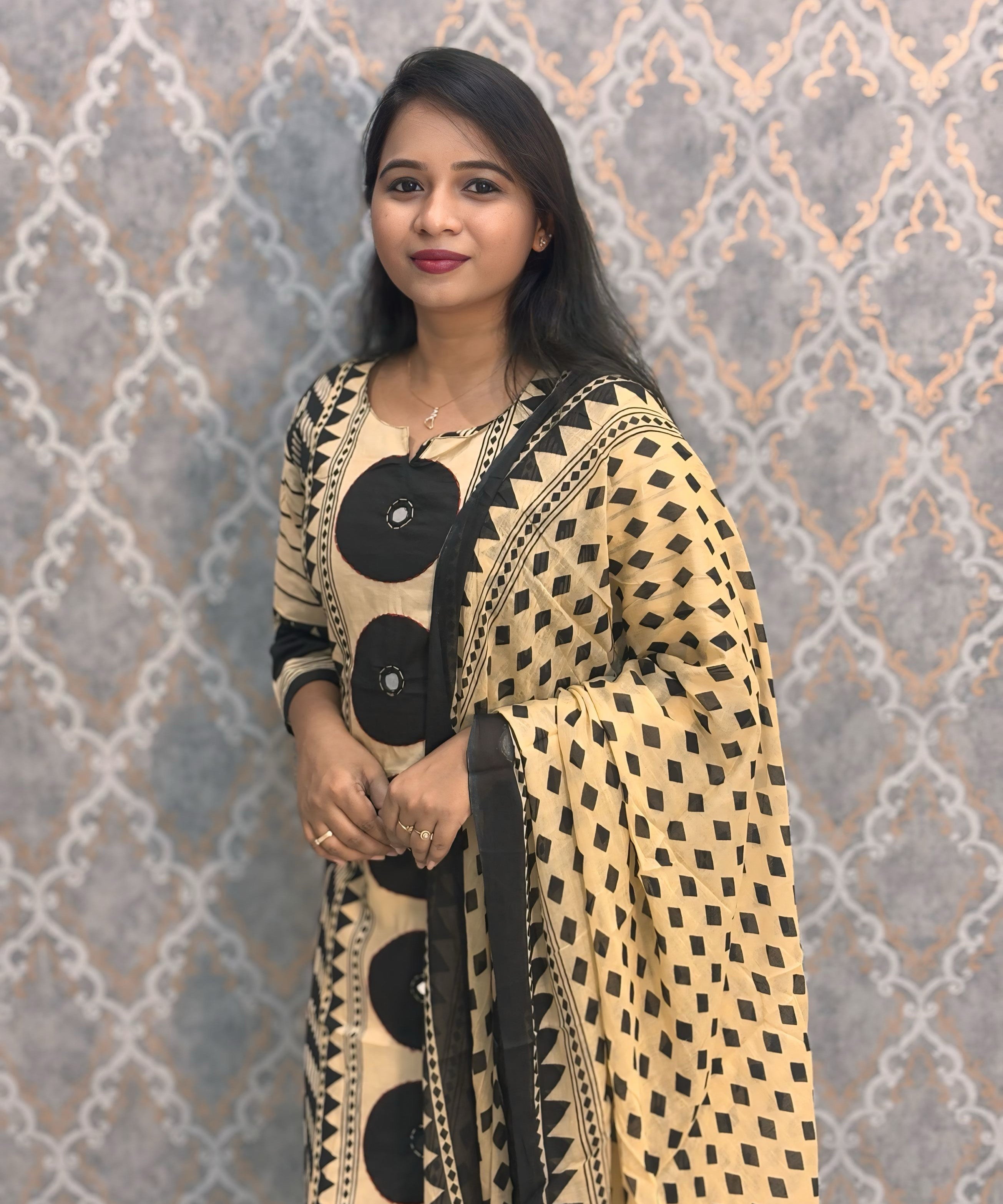 Black and Beige Color Mul Cotton 3 Piece Salwar Set / ESS383