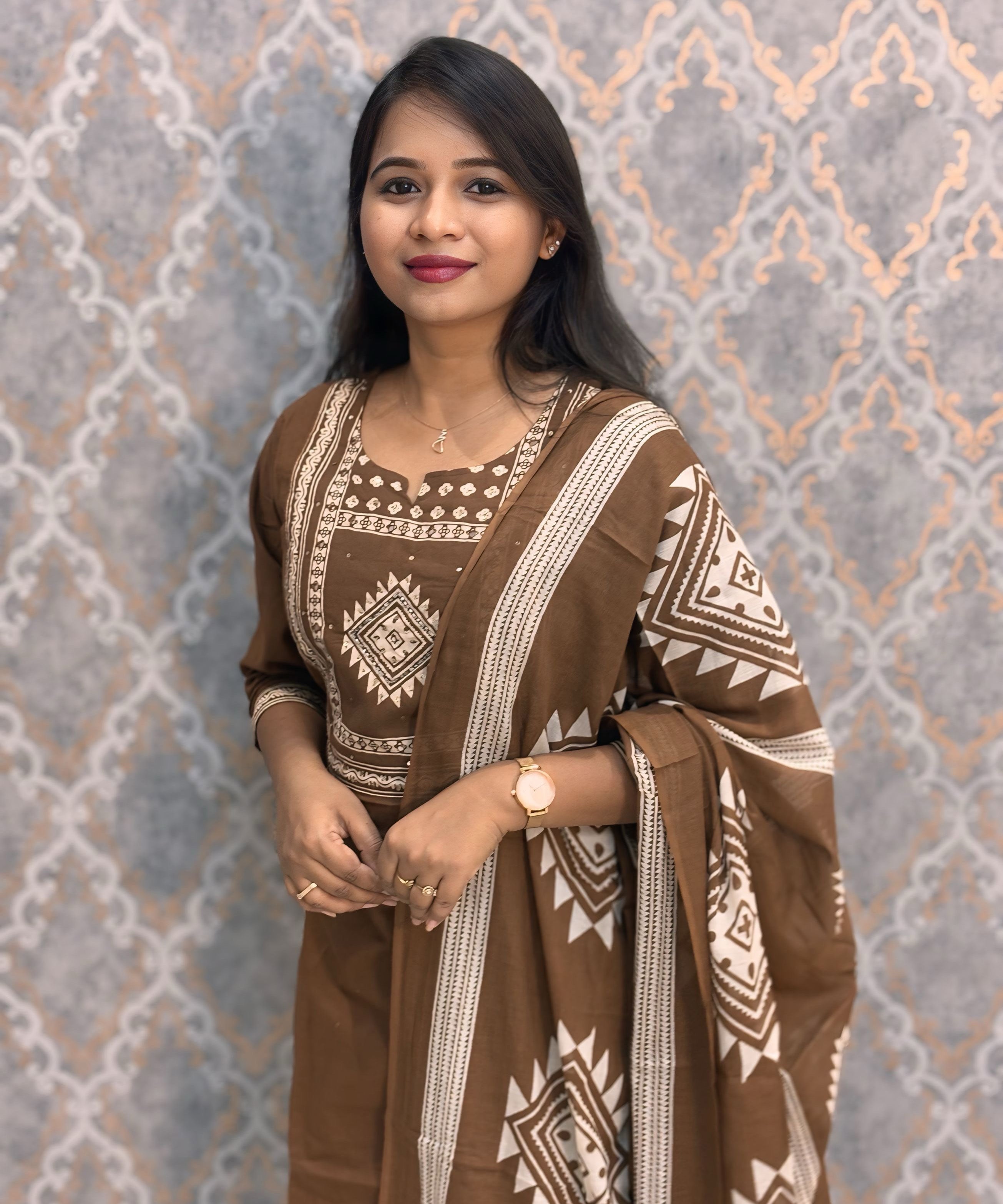 Light Brown Color Mul Cotton 3 Piece Salwar Set / ESS383