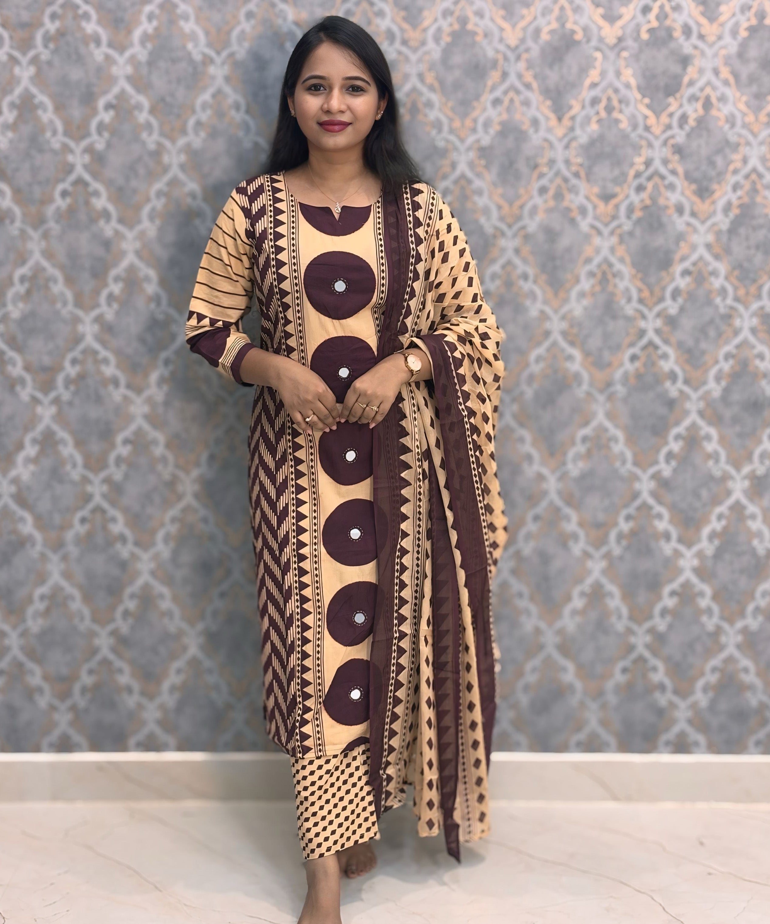 Purple and Beige Color Mul Cotton 3 Piece Salwar Set / ESS383