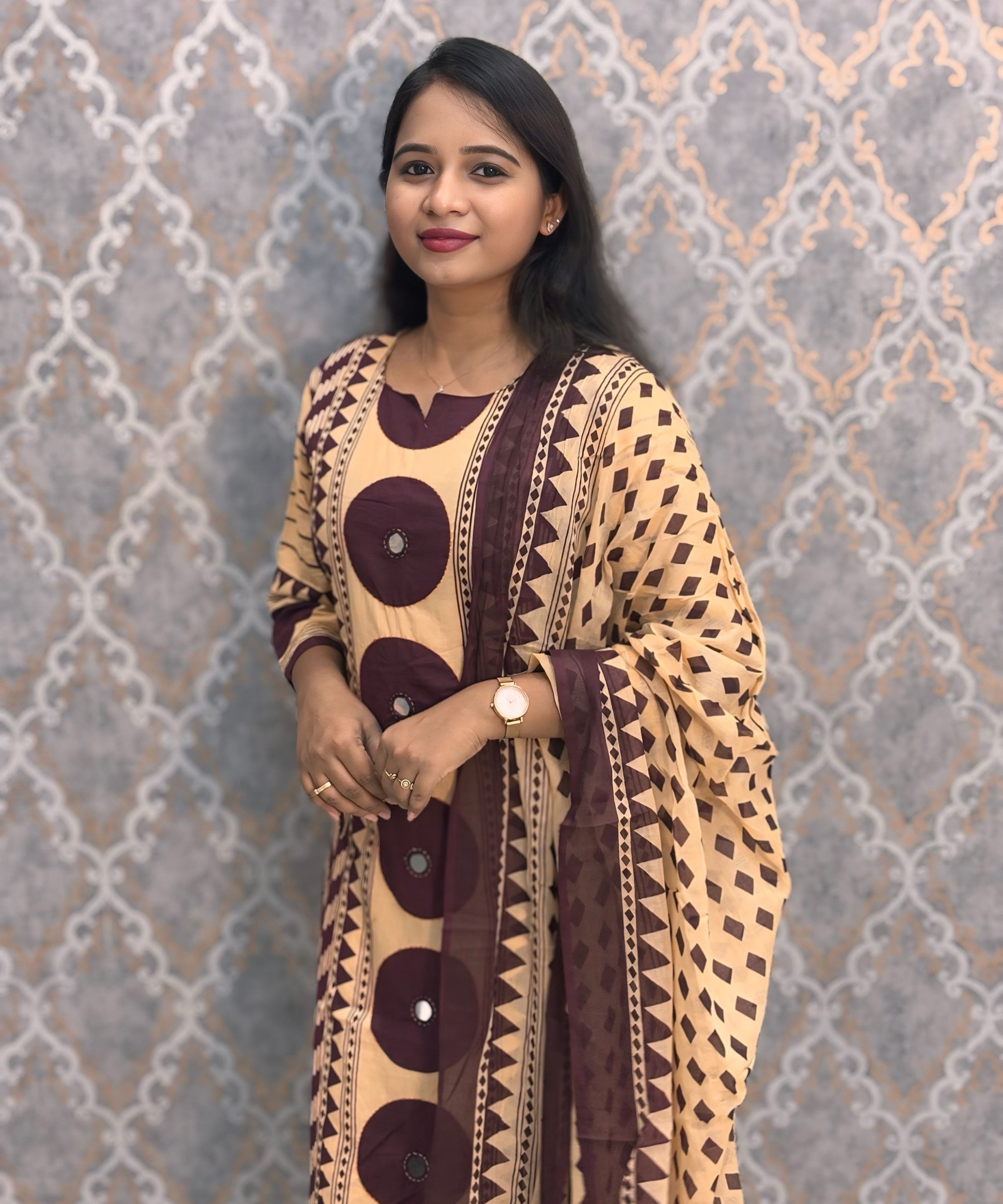 Purple and Beige Color Mul Cotton 3 Piece Salwar Set / ESS383