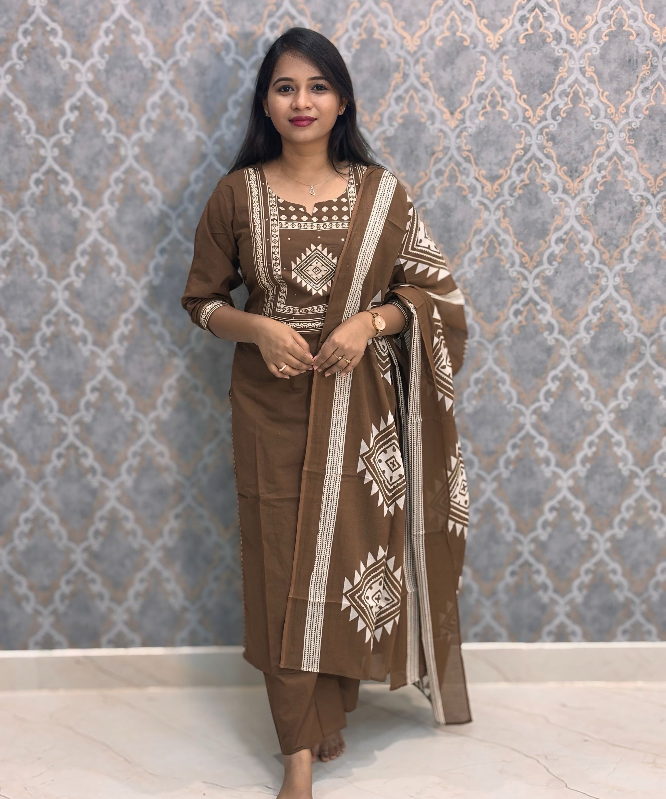 Light Brown Color Mul Cotton 3 Piece Salwar Set / ESS383